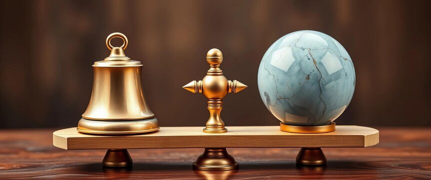 A set of balanced scales with two different objects (eg, a bell and a ball) on each side, showing identical sounds, diverse significance,  object,  significance
