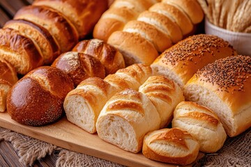 A variety of breads and pastries are arranged on a wooden cutting board, showcasing the different types of bread and their textures.