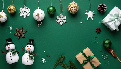 Festive Christmas Decorations Snowmen Ornaments Gifts Green Background.