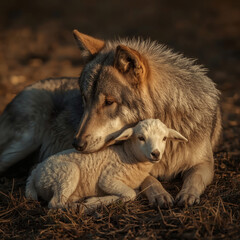 Unexpected Harmony Gray Wolf and Young Lamb Resting Together in Warm Earthy Tones, Symbolizing Peaceful Coexistence
