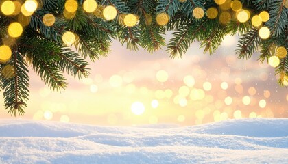 Festive Christmas fir branches adorned with glowing lights over a snowy landscape.