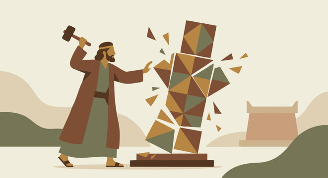 Asa&rsquo;s Reforms
King Asa destroying a stylized flat-vector idol, geometric shapes breaking apart, soft earthy palette, symbolic clean composition. bible