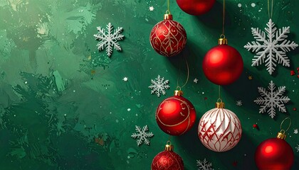 Festive Christmas ornaments and snowflakes adorn a textured dark green background.
