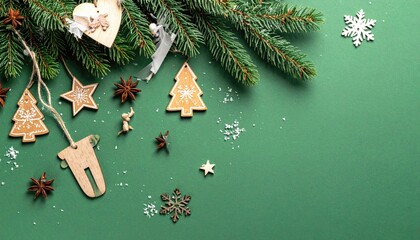 Rustic Christmas Decorations with Pine Branches and Star Anise on Green Background.