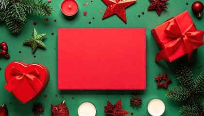Festive Christmas flat lay with red gifts green fir branches and star ornaments on a green background.