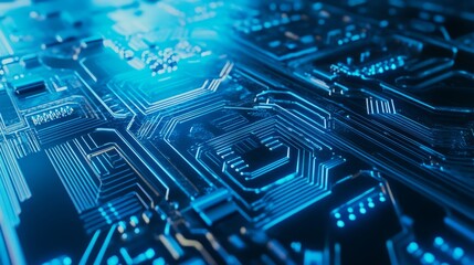 Abstract blue digital circuit board with glowing lines and nodes, showcasing intricate technology patterns and futuristic design elements for modern applications