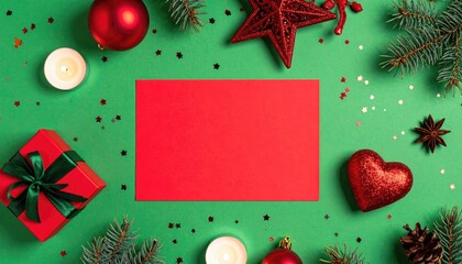 Festive Christmas Holiday Flat Lay Composition with Red Gift Box Ornaments and Pine Branches.