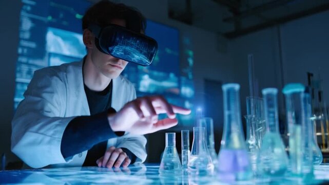 A handsome university student uses a VR lab to safely conduct high-risk chemistry experiments without using physical chemicals,