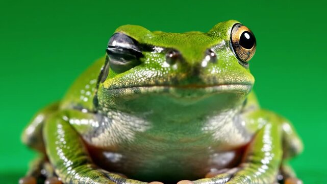 Close-up of a Green Tree Frog on Green Background.