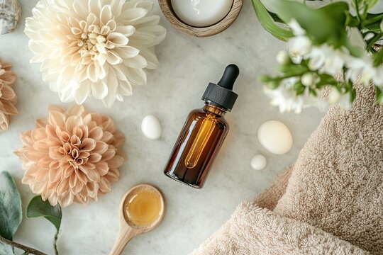 A serene spa setting with a tranquil ambiance, featuring a beautifully designed spa room adorned with soft, pastel-colored flowers and a soothing water feature.