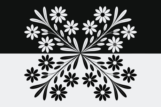 Black and White Floral Symmetry Border Vector, Botanical Decorative Ornament EPS, Editable Horizontal Flower Design