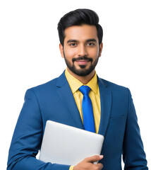 Young Indian businessman smiling, holding laptop, white background.