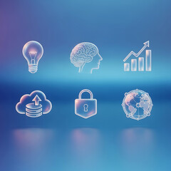 Digital Brain and Security Icons in Blue Light