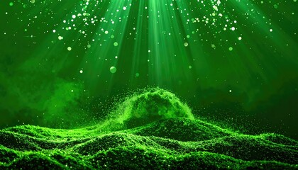 Abstract green landscape with glowing particles and ethereal light rays.