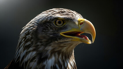 Fototapeta premium Close up shot of an eagle with its beak open showing its tongue on a dark background in nature