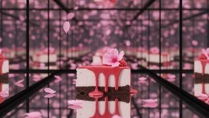A delectable dessert creation: a square cake adorned with a vibrant pink glaze and a delicate cherry blossom, mirrored infinitely, creating a mesmerizing tunnel of sweet indulgence and floral beauty.