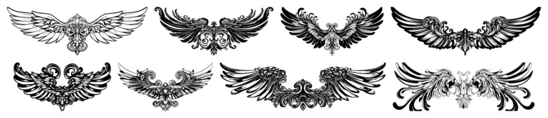 Damask wing vector element. Design ornamental elements set. Tattoo in vintage style. lack curly design element set isolated on white background. Dividers. Swirls. Vintage page ornate decorations