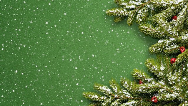 Christmas pine branches dusted with snow and red berries on a green textured background with falling snowflakes, festive winter holiday decoration - Powered by Adobe