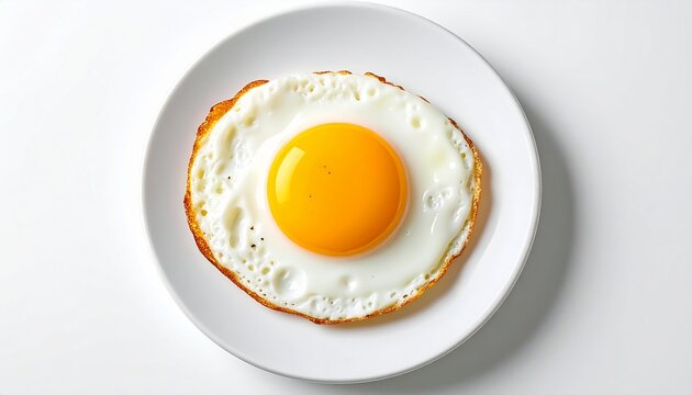 Sunny-side-up egg on a white ceramic plate, bright yellow yolk, crispy edges, high contrast, clean and simple breakfast style - Powered by Adobe