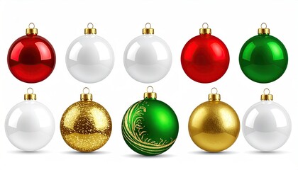 Collection of Festive Christmas Ornaments in Red White Gold and Green Colors.