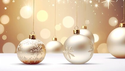 Elegant Christmas baubles with golden bokeh lights and festive glow.