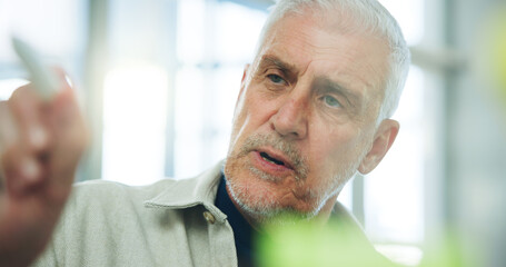 Mature, businessman or writing with vision for project planning, strategy or ideas in office. Man, CEO or executive with glass board or tasks for company brainstorming, agenda or creative development