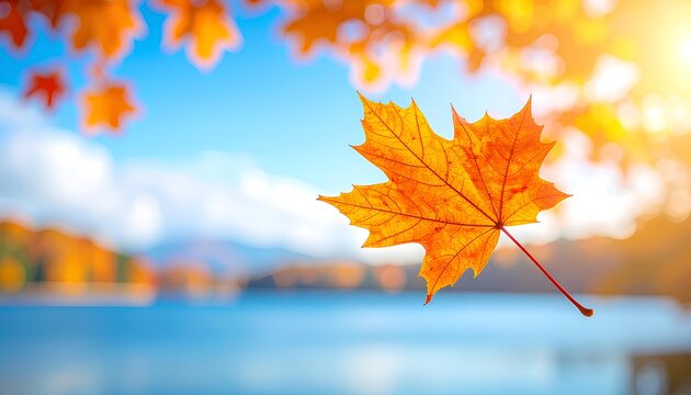 autumn maple leaves flying on blue sky background - Powered by Adobe