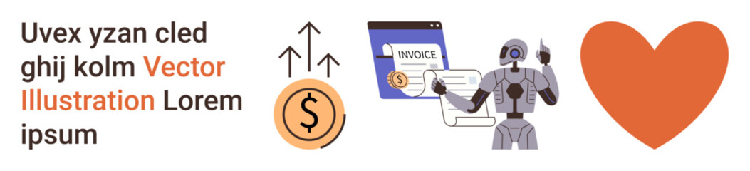 Financial technology, AI automation, invoice processing, digital payments, economic growth, business management. Robot handling invoices and money. Finance and AI automation concepts