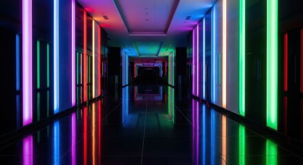 Neon-lit corridor with vertical illumination and reflective black floor creating a modern