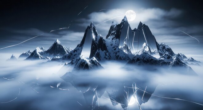Misty mountain range with snow-covered peaks under a surreal moonlight dreamscape