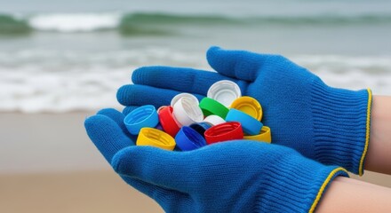 Volunteer picking up plastic bottle caps on the beach to protect the environment