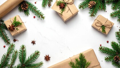 Festive Christmas Gifts and Natural Decorations on White Marble.