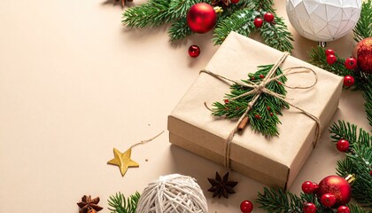 Rustic Christmas Gift Box with Natural Pine Sprigs and Red Berries.