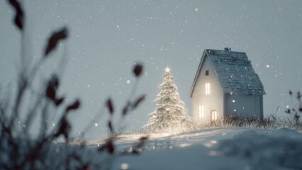 Cozy winter house with a decorated Christmas tree in the snow during snowfall