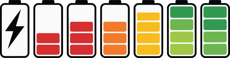 Fototapeta premium Battery charge level indicators and charging status symbols