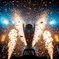 Trophy Celebration Victory, Success, and Achievement in the Spotlight with Fireworks