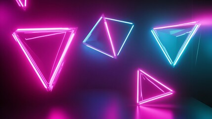 Abstract geometric shapes illuminated with vibrant neon lights in a dark environment, creating a modern artistic atmosphere with dynamic visual appeal