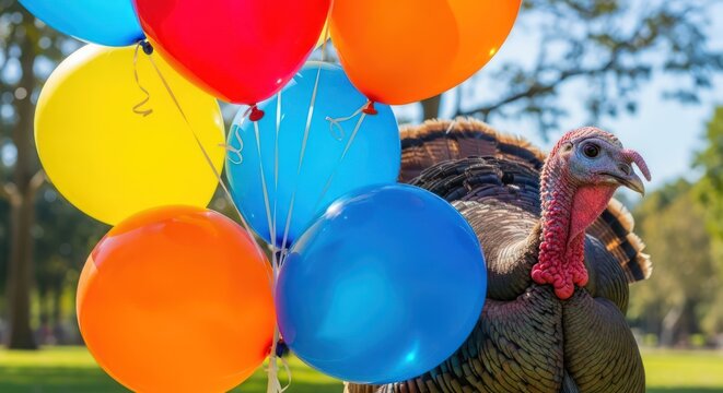 Festive feathered friend a quirky and colorful celebration with vibrant balloons and a turkey