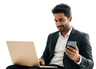 Professional Indian Man Multitasking with Laptop and Smartphone