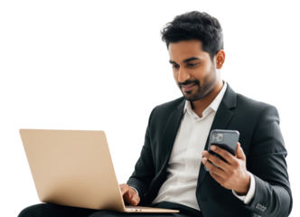 Professional Indian Man Multitasking with Laptop and Smartphone