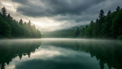 A serene lake surrounded by lush green trees under a cloudy sky reflecting on the water surface