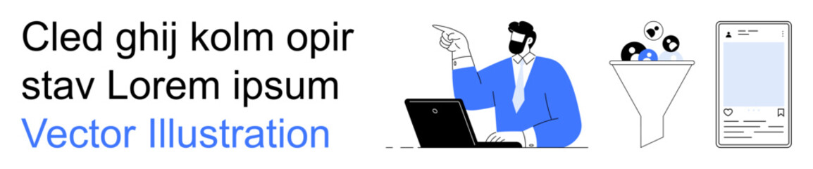 Online marketing, data analysis, customer conversion, digital strategy, business model, technology visualization. Professional analyzing data with laptop and a funnel. Online marketing and data