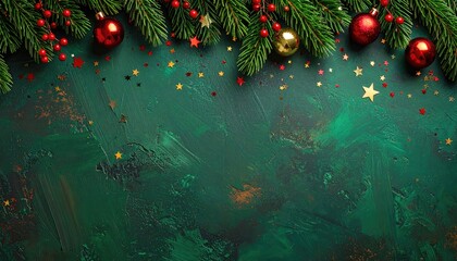Festive Christmas border with fir branches red baubles and gold ornaments on dark green textured background.