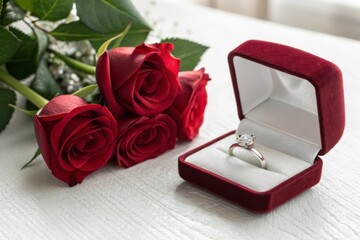 Romantic Engagement Ring with Red Roses on Soft White Surface for Love and Commitment