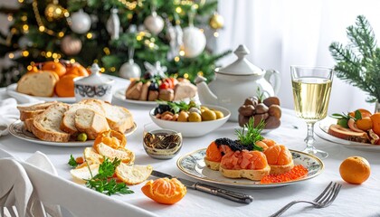 Festive holiday table setting with gourmet salmon caviar appetizers and Christmas tree.