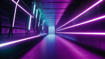 Fototapeta premium Futuristic corridor illuminated with vibrant neon lights in shades of purple and blue, creating a dynamic atmosphere for modern design concepts