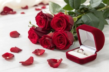 Red Roses with Velvet Ring Box and Petals on White Wooden Background for Romantic Occasion