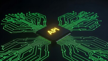 Digital Connectivity Concept Glowing API Chip at the Core of a High-Tech Circuit Board Representing Software Integration and Development