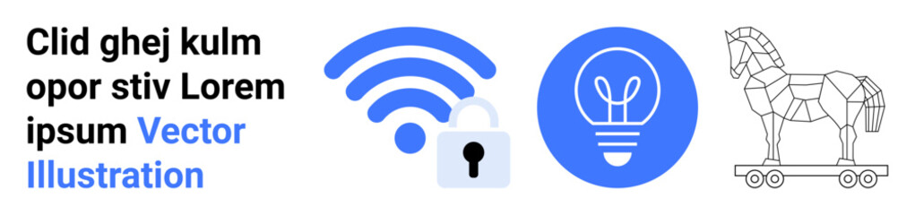 Cybersecurity, data protection, technology concepts, privacy, innovation, online safety. wireless signal, lock lightbulb and Trojan horse . Cybersecurity and data protection