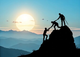 Climbers Assisting Each Other During Sunset in Mountain Landscape Silhouette Adventure Scene